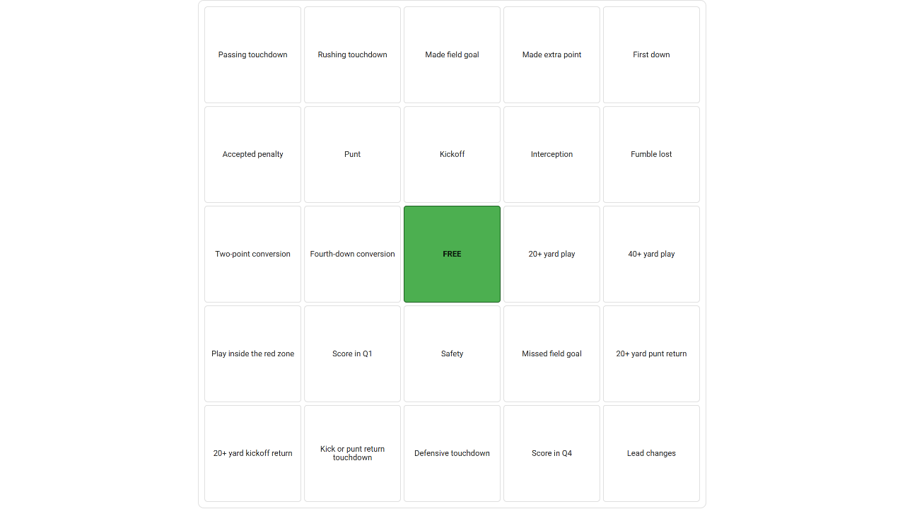 Actual Tracknest NFL Bingo card showing 24 football events and a free center square
