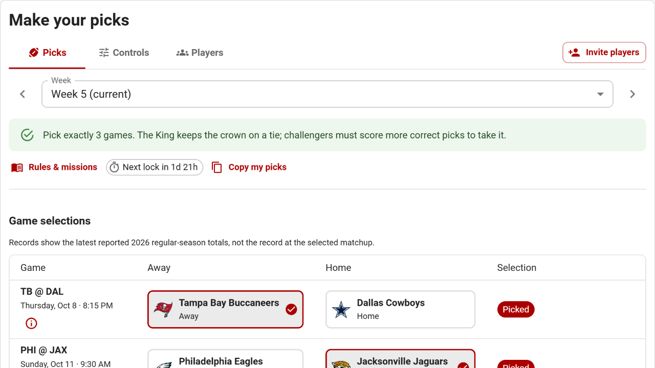 Tracknest King of the Hill interface showing the three-pick limit and matchup choices