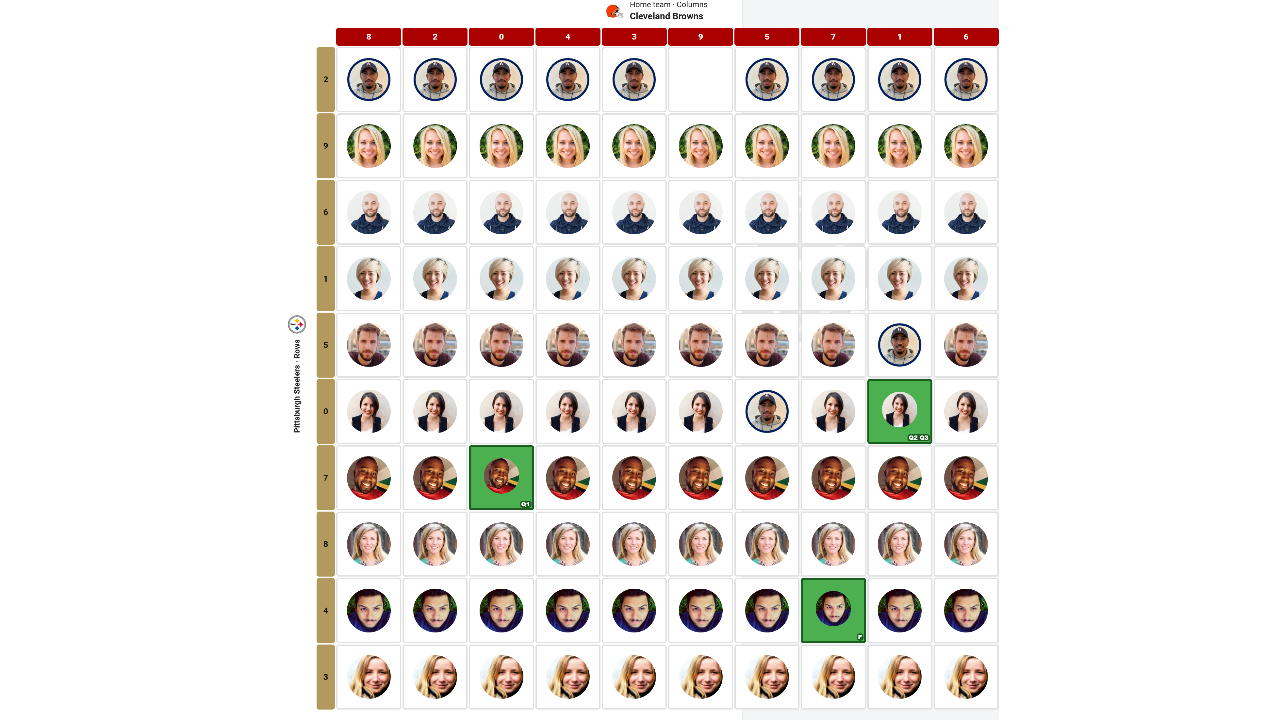 Actual Tracknest Squares board with team axes, drawn numbers, claimed cells, and quarter winner highlights