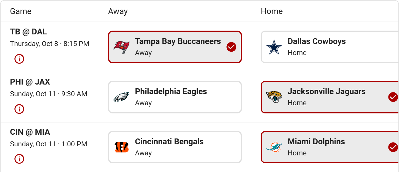 Actual Tracknest Sunday Pick'em screen showing team logos and saved Buccaneers, Jaguars, and Dolphins selections